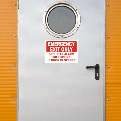 4 Emergency Exit Only Sticker Sign, "Emergency Exit Only - Security Alarm Will Sound If Door Is Opened" Label,4 Self Adhesive Vinyl Decal Stickers, 10" x 7"