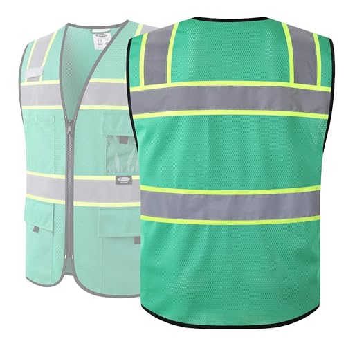 JKSafety Safety Vest for Men Women Hi Vis Relfective Vest with Pockets High Visibility Meet ANSI Standard - color: 331-green, size: Large