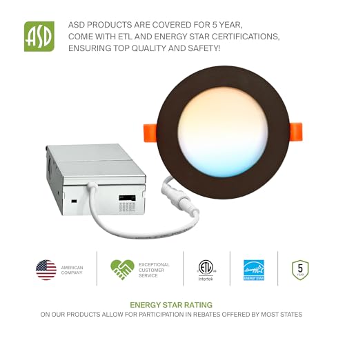 ASD 6 Pack LED Recessed Lighting 4 Inch 9W, 5 CCT 2700K-5000K CRI90+, IC Rated Ultra Thin Dimmable Ceiling Lights with J Box, Canless Wafer Downlight, Round Slim Panel Light, Energy Star ETL, Bronze - color: Bronze, size: 4 Inch 6 Pack
