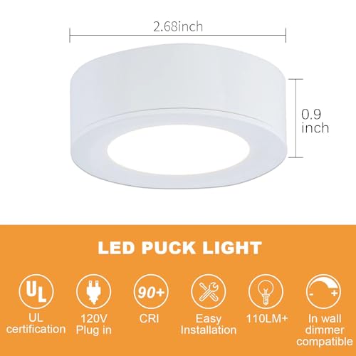 LUMILAND Wired LED Puck Lights (2.7Wx5) Plug-in Lighting Natural White (4000K), LED Cabinet Light for Kitchen Can Be Surface Mount or Recess Mount, White - color: White-5 Pack, size: 4000K