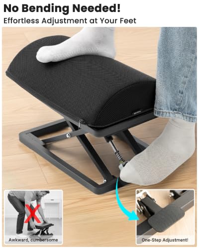 Step-to-Adjust Foot Rest—Truly Infinite Height, No Bending Needed
