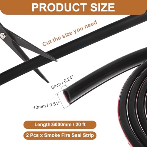 2PCS Smoke Fire Seal Strip, 20 Feet Door Seal Tape Self Adhesive Graphite Rubber Composite Material for Fire Rated Windows Steel Doors, 1/2" W x 1/4" H, Black - color: Black, size: 20 Feet