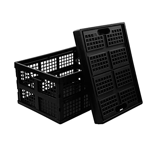 34 L Black Plastic Folding Storage Crates, Collapsible Crates, 2 Packs