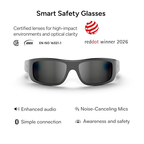 Lucyd Armor Smart Safety Glasses, TR90 Frame, Light Adaptive Lenses, Open Ear Speakers & Microphone - ANSI Z87.1 - style: Black Polarized