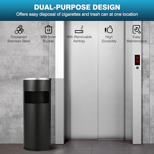 IRONWALLS Outdoor/Indoor Trash Can with Lid, Black Stainless Steel Garbage Can Waste Bin Receptacle Container, Commercial Trash Can Round with Removable Tray & Inner Bucket for Office, Patio, Home - color: Black (Flower grid tray)