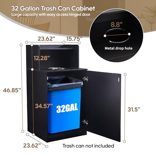 Restaurant Trash Can Cabinet, Commercial Trash Cans 32 Gallon Wooden Trash Can and Garbage Receptacle with Tray Holder, Door, Large Trash Bin for Restaurant, Cafeteria, Kitchen, Office, School, Black - color: Black
