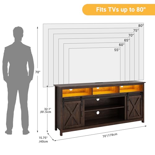 Vinctik 6&Fox 70in Wooden Farmhouse Entertainment Center for 80/75 inch TV,Double Layer Storage Farmhouse TV Stand,Double-Row Sockets with Wood Sliding Barn Door TV Stand(Double Layer Rustic Brown) - color: Rustic Brown, size: 70in