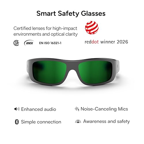 Lucyd Armor Smart Safety Glasses, TR90 Frame, Light Adaptive Lenses, Open Ear Speakers & Microphone - ANSI Z87.1 - style: Green Mirror