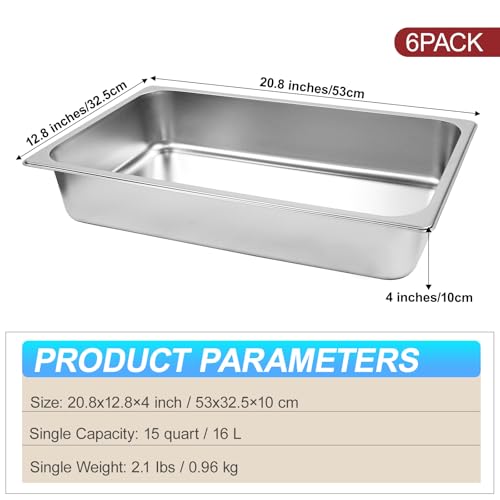 6 Pack Hotel Pans, 1/1 Size 4" Deep Stainless Steel Trays for Food, 20.8" L x 13" W Catering Food Pan Commercial Table Pan for Hotel, Restaurant, Buffet, Party Supplies - size: 1/1 Size 4inch
