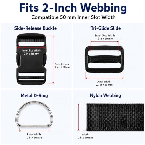 2 Inch Straps and Buckles Set, 12 Yards Nylon Webbing Strap, 12 Pack Release Buckles, 24 Tri-Glide Slide Clips, 12 Pack Metal D-Rings MaHeavy Duty Adjustable Quick Snap Fasteners, No Sewing Required - size: 2" 12 Pcs Buckle Set