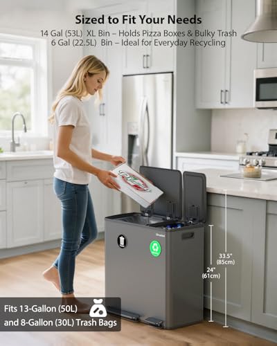 Lovewind Dual Trash Can, 14 + 6 Gallon Garbage Can for Kitchen Dual Compartment Recycling Kitchen Step Trash Bin, Stainless Steel Trash and Recycle Bin Combo with Soft-Close Lid, Grey - color: Gray, size: 14 + 6 Gallon