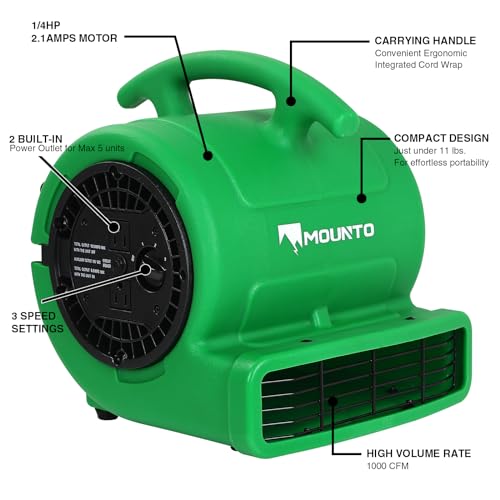 MOUNTO 1/4hp 1000CFM 2 Speed Air Mover Carpet Dryer Floor Fan Cooling Fan (Green) - color: Green