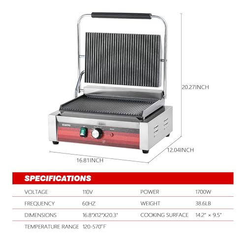 EGGKITPO Commercial Panini Press Grill with Grooved Plates Electric Sandwich Maker with Adjustable Temp Control 110V 1700W 14"×9.5" Ribbed Enamel Plates for Breakfast and Hamburger in Home Kitchen - size: 14"×9.5” Grooved Plate