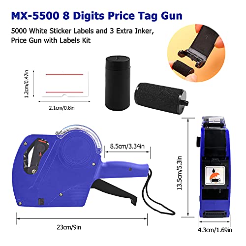 Hommtina MX-5500 8 Digits Price Tag Gun with 5000 White Sticker Labels and 3 Extra Inker, Price Gun for Grocery Store Marking (Blue) - color: Blue