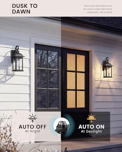 FEMILA Dusk to Dawn Exterior Wall Sconce, 15" Front Porch Light Fixtures Wall Mount for Patio, Garage, Garden, UL Listed, Matte Black Water Ripple Glass, 4FD54B-PC BK-WP - color: Matte Black, Water Ripple Glass, size: 15", Dusk to Dawn