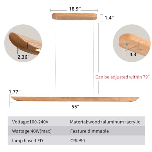 55" Wood Linear Pendant Light, Dimmable Kitchen Island Light with Remote, 40W LED Island Lights for Kitchen, Adjustable Linear Chandelier for Dinning Room Light Fixture, Bar, Pool Table Light Natural - color: Natural, size: 55IN