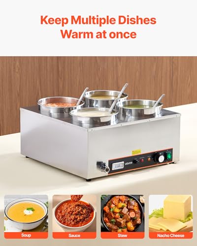 VEVOR Electric Soup Warmer, Four 6.34QT Stainless Steel Round Pot with 86~185°F Adjustable Temp, 1500W Commercial Bain Marie with Anti-Dry Burn and Reset Button, Soup Station for Restaurant, Buffet - size: 4×6L Pots