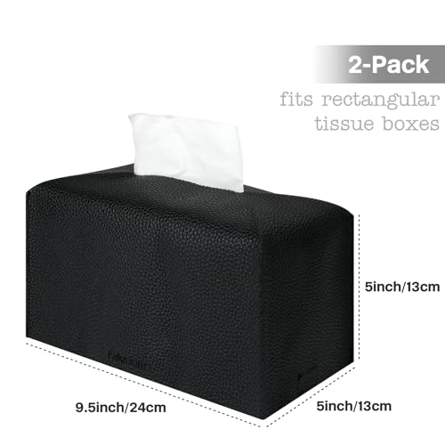2 Pcs Rectangular Tissue Box Cover, PU Leather Tissue Holder Facial Tissue Case Dispenser for Bathroom, Vanity Countertop, Tabletop, Car, Office,9.5X5X5 Inch - Black - color: Rectangle Black Set of 2
