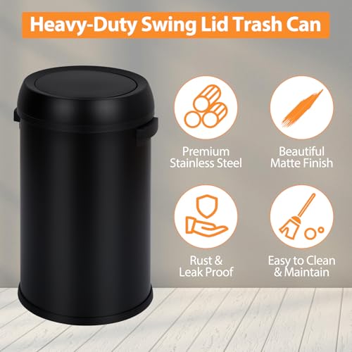 GarveeHome 17 gal/65 L Swing Top Trash Can, Stainless Steel Rubbish Bin, Commercial Grade Waste Container, Round Garbage Can for Outdoor, Home Office, Restaurant, Black - color: Black, Swing Lid