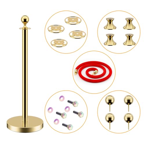 LOVMOR 6PCS Gold Stanchion Posts Queue, 38 Inch Red Velvet Rope, 5 FT Red Carpet Ropes and Poles, Crowd Control Barriers Queue Line Rope, Barriers for Party Supplies - color: Gold-6pack