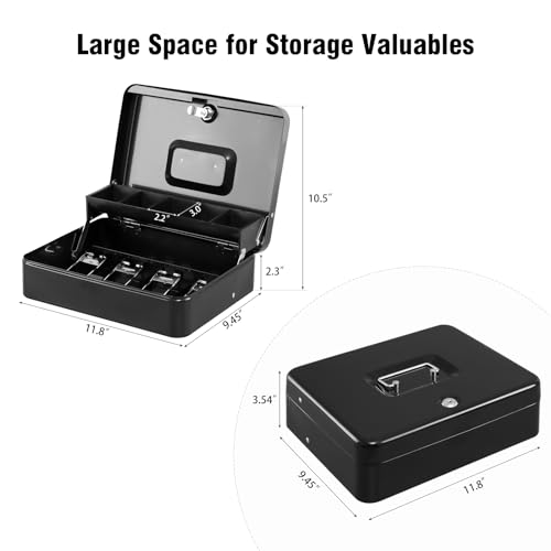 KYODOLED Cash Box with Top Key Lock–0.7mm Metal Money Box for Flea Market Vendors, Craft Fairs & Small Business, Portable Cash Drawer with Auto-Pop Coin Tray & Windproof Bill Clips (11.8", Black) - color: Black-Top Lock
