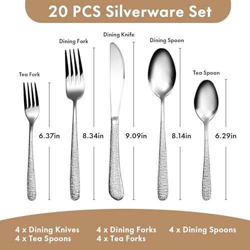 20pcs Silverware Set for 4, 18/10 Stainless Steel Material Flatware Set, High-grade Luxury Unique Texture Cutlery Set, Mirror Polished Utensil Set, Sturdy Durable Spoons and Forks Set, Dishwasher Safe - color: Hammered Silver 20pcs