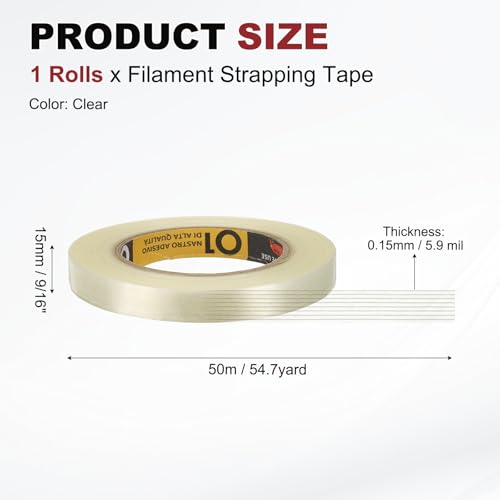 uxcell Filament Strapping Tape 9/16" x 54.7 Yards 5.9 Mil Heavy Duty Clear - size: 9/16 Inch x 54.7 Yards 5.9 Mil