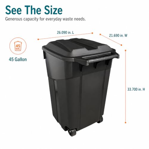 45-Gallon Outdoor Wheeled Trash Can with Attached Lid, Black - size: 45