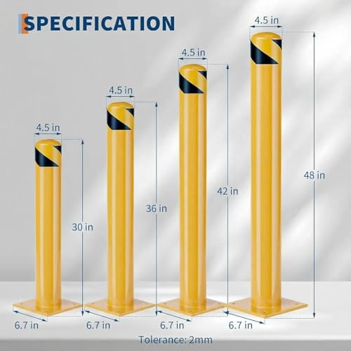 Safety Bollard,4 Packs 48 Inch Height Bollard Post, 4.5 Inch Diameter, Yellow Safety Steel Bollard Post with Anchor Bolts for Traffic Control, Driveway Barrier, Parking Pole - size: 48inch