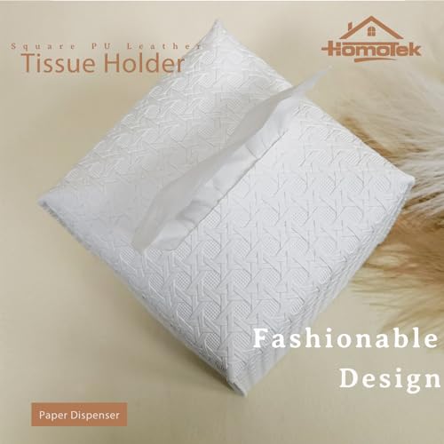 HOMOTEK 1 Pack Tissue Box Cover, Square PU Leather Tissue Holder, Decorative Facial Tissue Cube Paper Organizer Dispenser for Bathroom, Night Stands, Desk, Car 5X5X5'' - Rattan Weave, Pure White - color: White, size: Rattan Weave