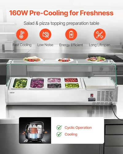 VEVOR Refrigerated Condiment Prep Station, 130W Countertop, Two 1/3 and Four 1/6 Pans, 304 Stainless Body, PC Lid, Sandwich Prep Table with Glass Guard, 3.79 Cu. Ft.