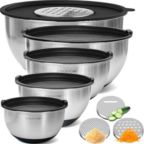Priority Chef Stainless Steel Mixing Bowls with Lids Set, 3 Grater Attachments, Airtight Lids, Non-Slip Silicone Base Mixing Bowl Set, Large Prep Metal Mixing Bowls for Kitchen, Black - color: Black