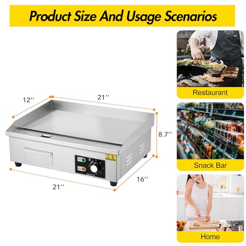 21 Inch 1600W Commercial Electric Griddle – Stainless Steel Countertop Flat Top Teppanyaki Grill, 2 Shovels & 2 Brushes for Home Kitchen & Restaurants - size: 12x21