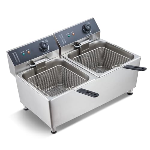 Commercial Electric Deep Fryer, 11L(11.55Qt) Double Removable Basket and Lid Stainless Steel Fast Heat Up Electric Countertop Fryer for Home and Commercial Restaurant Use, 304SS - size: 11L+11L 304