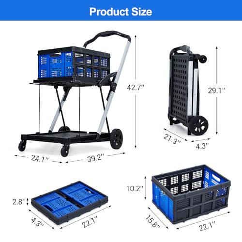 IDEALHOUSE 2-Tier Collapsible Shopping Cart 198lbs Foldable Grocery Cart - color: Blue