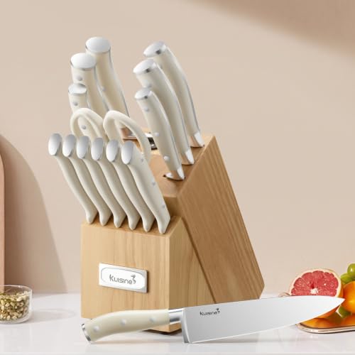 KUISINE Upgraded Knife Set High Carbon Stainless Steel Ultra Sharp Blade Ergonomic Handle,Knife Block Set with Built-in Sharpener(Ivory Acacia,15PCS) - color: Ivory Pro H