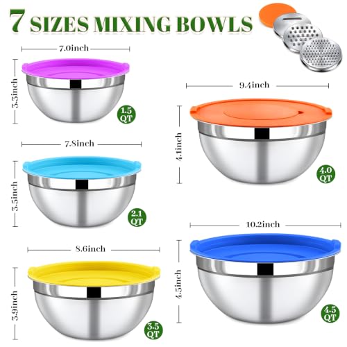 8-Piece Colorful Stainless Steel Mixing Bowl Set with Lids, Includes 5 Nesting Bowls and 3 Grater Attachments for Mixing and Serving, 1.5/2.1/3.5/4/4.5 QT - color: 8PCS Rainbow-color Mixing Bowls Set