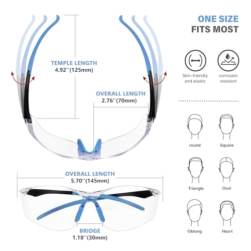 Clear Safety Glasses 6PK, Protective Eyewear UV Protection ANSI Z87.1 Crystal Clear Safety Goggles Scratch Impact Resistant Eye Protection with Soft Nose Pieces, Clear Lens Blue Temples - color: Clear Lens Blue Temples
