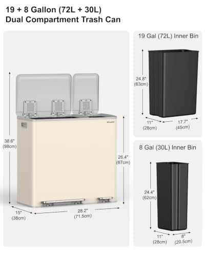 Dual Trash and Recycling Bins for Kitchen, 19+8 Gallon (72+30L) Stainless Steel Trash and Recycle Bin Combo with Soft-Close Lid, Large Garbage Cans for Kitchen Home with 2 Magnets Sticker, Apricot - color: Apricot