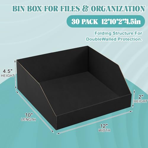 Fuyoooo 30 Pack 12 x 10 x 4. 5 Inches Cardboard Storage Bins Open Top Bin Boxes Black Corrugated Shelf Organizer Bins for Pantry, Parts, Garage, Snacks, Bottles, Cans or Warehouse Home Cubby - size: 12 x 10 x 4.5 Inches