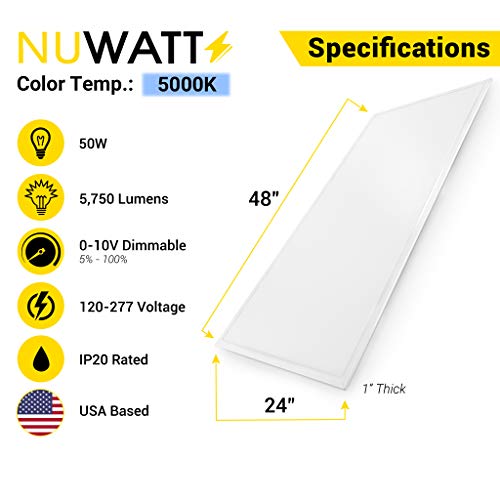 NUWATT 2x4 ft LED Panel Troffer Edge Lit (4 Pack) 50W, 5000K, 5,750 Lumens, 120V-277V AC/DC; 0-10V Dimmable, UL DLC Listed, 50,000 Life Hours - color: 5000K, size: 2x4 FT
