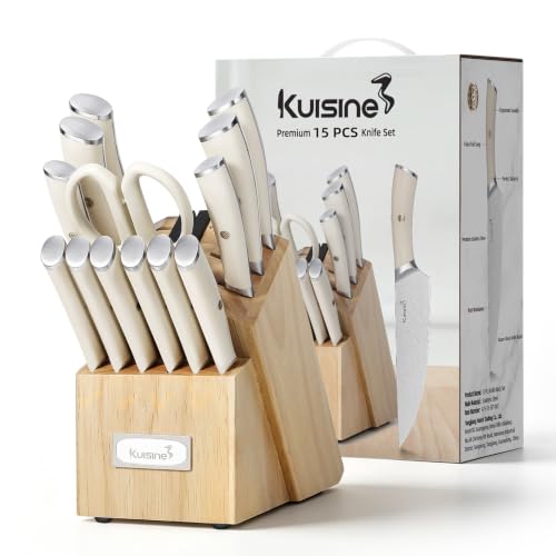 KUISINE Upgraded Knife Set High Carbon Stainless Steel Super Sharp Blade Ergonomic Rivet Handle,Knife Block Set with Built-in Sharpener(Ivory Acacia Pro,15PCS) - color: Ivory Pro Max