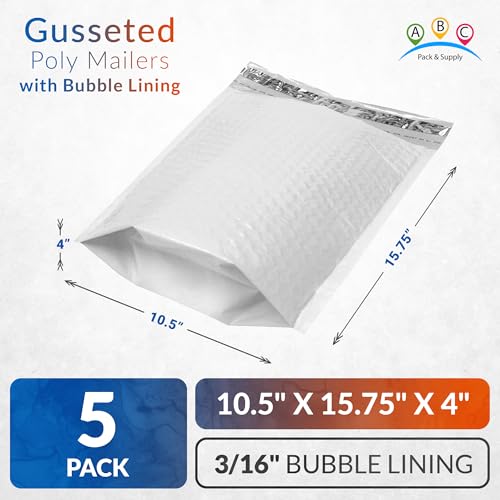 ABC PACK & SUPPLY White Bubble Mailers, 10.5 x 15.75 x 4 Inch, Pack of 5, Waterproof Self-Seal Padded Shipping Envelopes with Bottom Gusset for Secure Packaging - size: 10.5" x 15.75" x 4" / 5 Pack