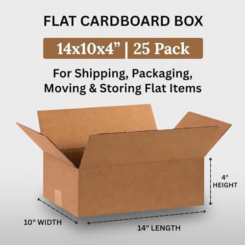 Flat Shipping Boxes 14"L x 10"W x 4"H (25-Pack) | Corrugated Cardboard Single-Wall Kraft Boxes for Moving, Packing and Storage for flat items - size: 14x10x4