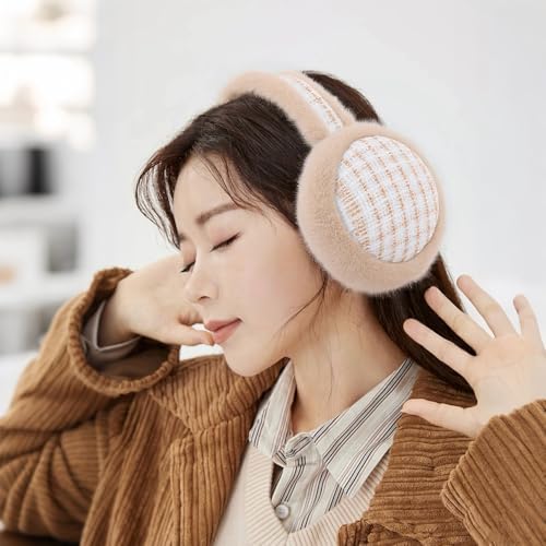 Peecabe Winter Women Earmuffs Faux Fur Unisex Ear muffs Foldable Ear Cover - color: Plaid Camel