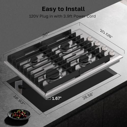 ThermoMate Heavy 30 Inch Gas Cooktop with 4 Italy Sabaf Power Burners, Built In Gas Stove Top of 304 Stainless Steel, NG/LPG Convertible with Thermocouple Protection CSA Certified - size: 30 inch 4 burners