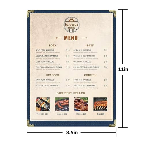 Goodsmart Restaurant Menu Covers – 25 Pack Blue 2-View, Top-Loading Menu Holders, Vinyl & Plastic Café Menu Covers, Clear Menu Sleeves, Fits 8.5" x 11", Leather-Style Design, Gold Corners - color: Blue, size: 1 Page / 2 Views - 8.5" x 11"