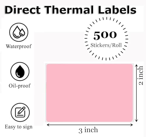 3" x 2" Thermal Labels Stickers Pink, Thermal Printer Shipping Stickers, Multipurpose Inventory Self-Adhesive Direct Thermal Label for Small Business (500 Labels/Roll) - color: Pink, size: 3" x 2"