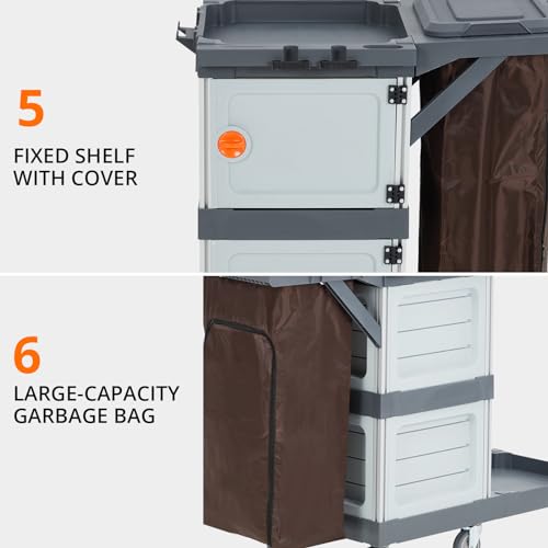 Commercial Janitorial Cleaning Cart 3-Shelf 2-Cabinet Housekeeping Cart with Lockable Wheels Oxford Bag and Cover Heavy Duty for School Hotel Apartment