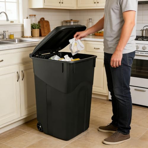 45 Gallon Wheeled Trash Can with Attached Lid, Heavy Duty Garbage Can